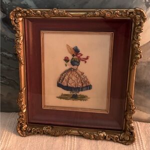 Vintage Petit Point Framed Fine Needlepoint Gilt Gold Wood Frame Victorian Girl